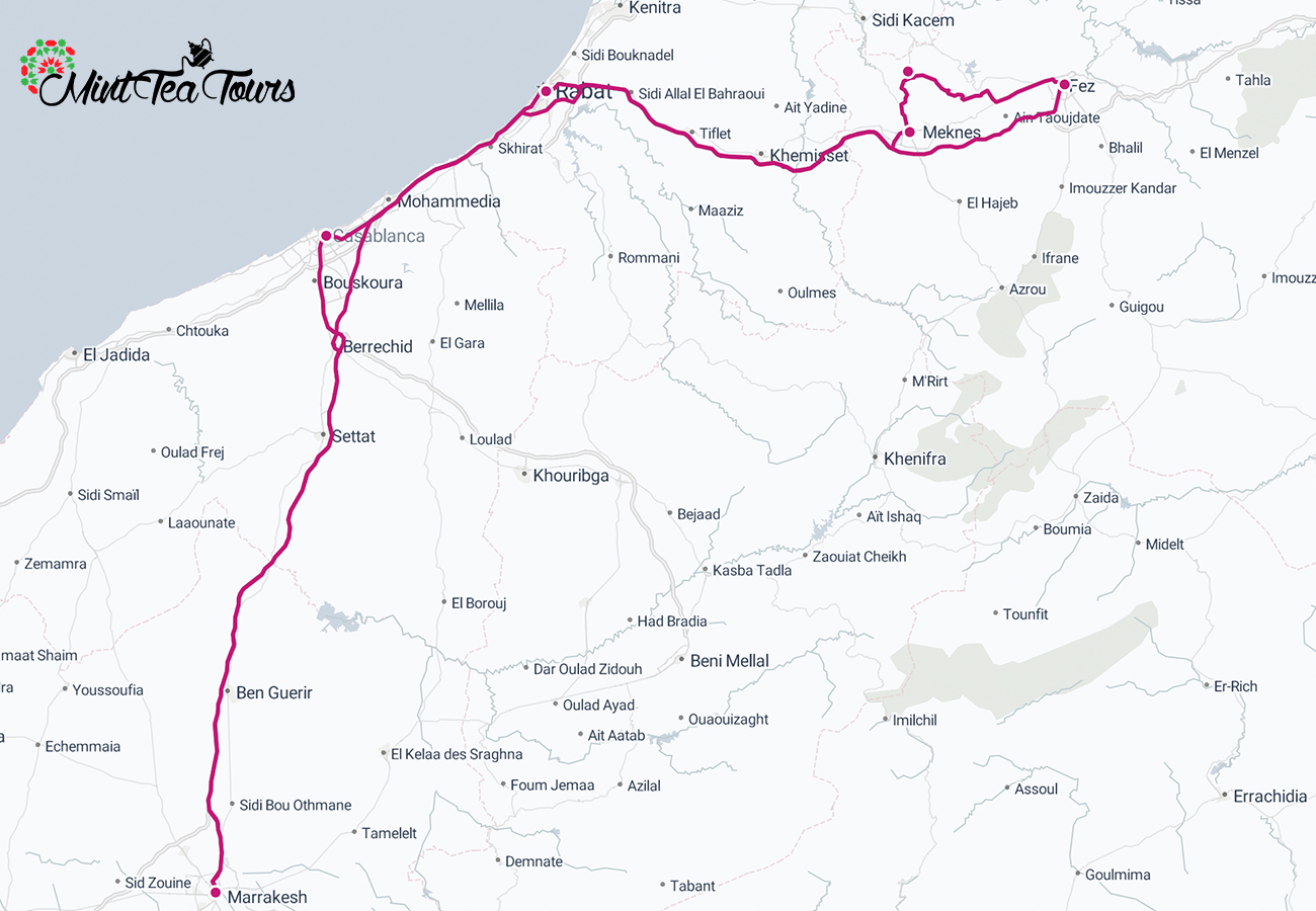 8 Day Imperial Cities private Morocco tour map