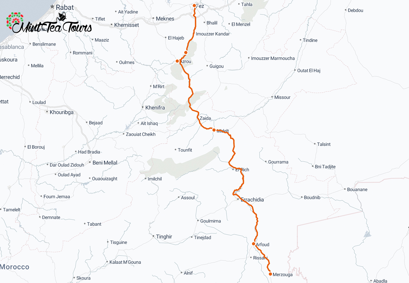 3 day Sahara Desert Tour from Fes map