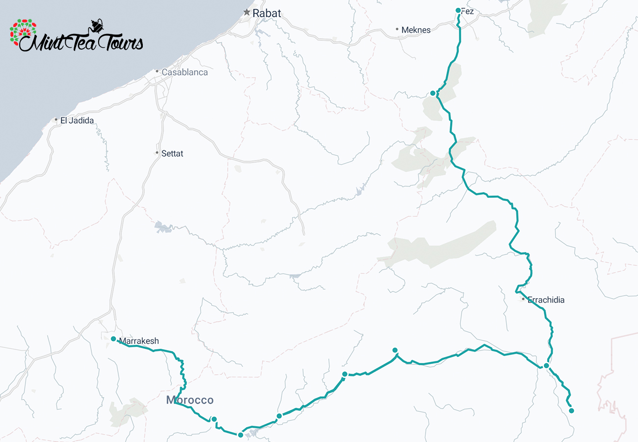 4-day Sahara Desert Tour from Fes to Marrakech 5 4 day Sahara Desert Tour from Fes to Marrakech map