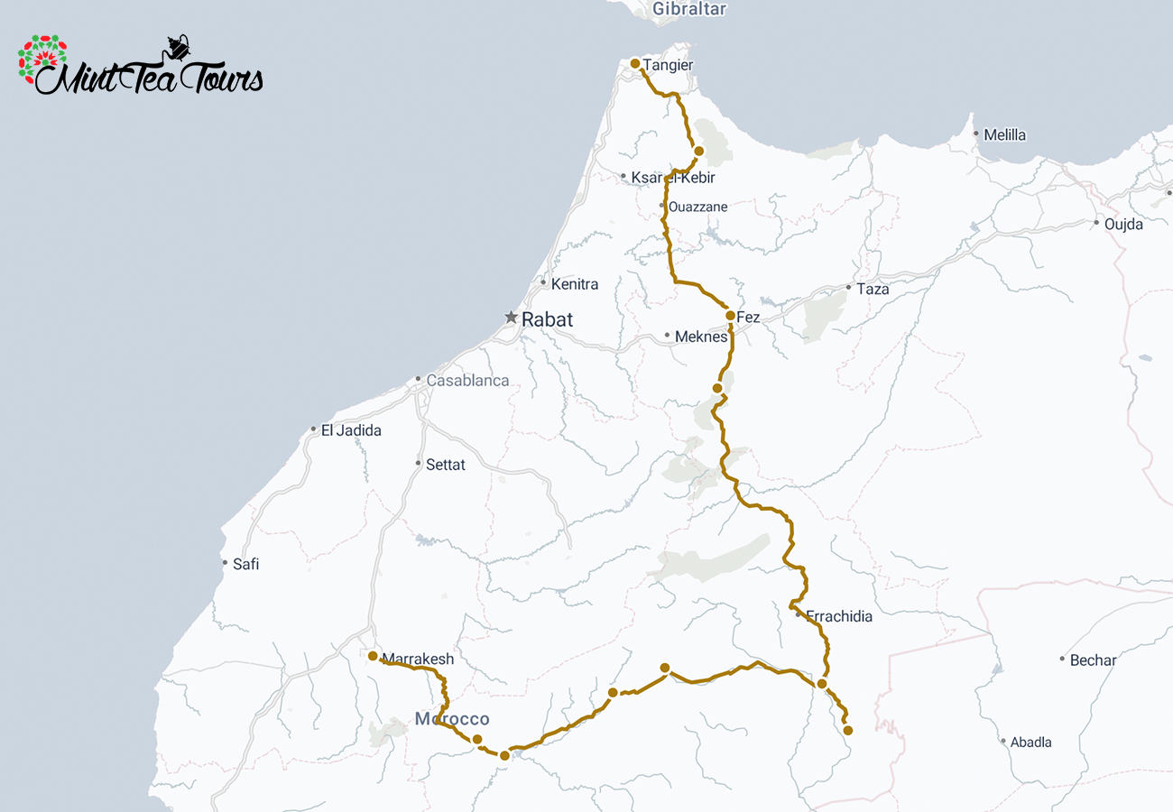 6 day Sahara tour from Tangier map