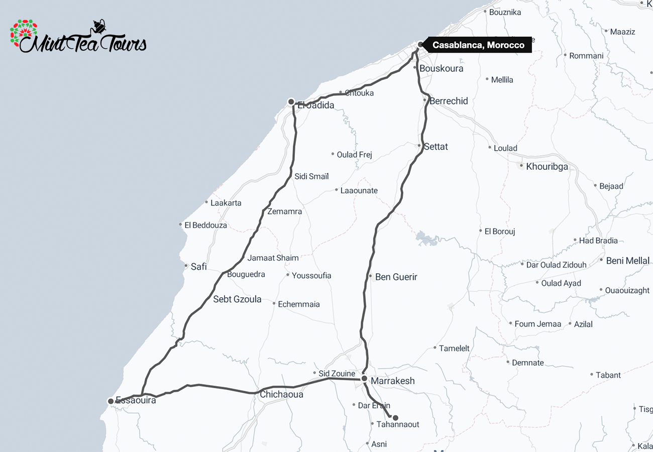 8 day Morocco honeymoon tour from Casablanca to Marrakech map